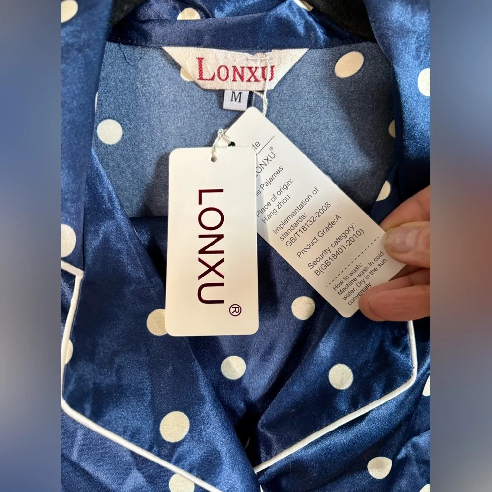 Lonxu Silk Satin Pajama Set Button Down Sleepwear Blue Polka Dot Size M NWT - Picture 3 of 4
